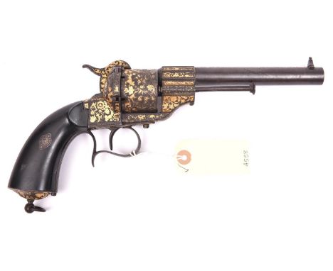 A French 6 shot 12mm Lefaucheux Model 1855 single action pin-fire revolver, number 23313, round barrel 157mm (6¼) with etched