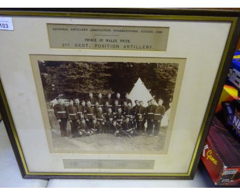 A framed photo of the 3rd Kent Position Artillery, 1898; another of a Fire Brigade group c 1900; a framed picture of R Sussex