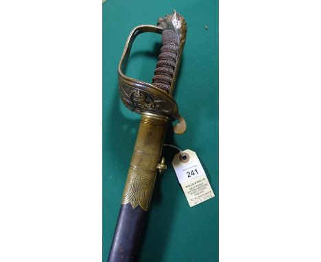 A Geo V R. Naval officer’s sword, very slightly curved, fullered blade 41", by “Gieves, Portsmouth, London, Edinburgh”, etche