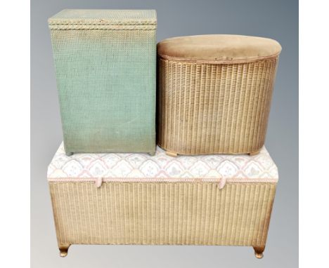 A 20th century gold loom blanket box together with a further loom storage stool and a linen box 