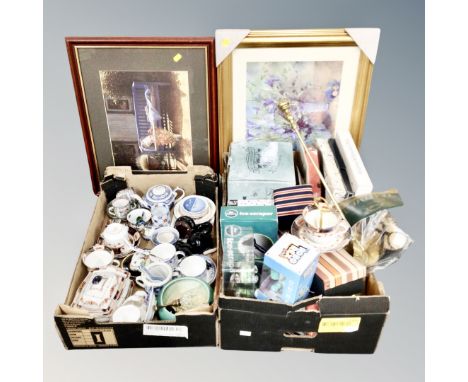 Two boxes of antique and later ceramics : tea ware, Royal Copenhagen, Royal Worcester pin dishes, Cantonese tea cups and sauc
