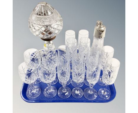 A tray of assorted glass, claret jug, cut glass table lamp with shade 