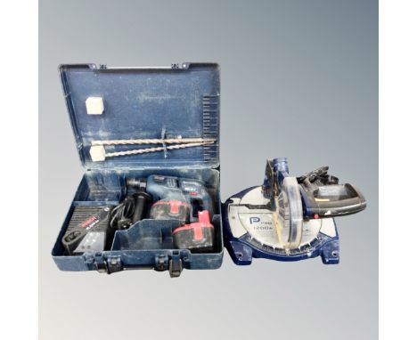 A Bosch GBH 24V cordless hammer drill with battery charger and pieces in case, PR0210MM compound mitre saw 