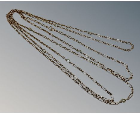 A Continental yellow gold and pearl long guard chain, length 150cm, 23.7g.