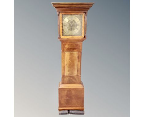 A 19th century inlaid mahogany longcase clock with brass dial, pendulum and weights  