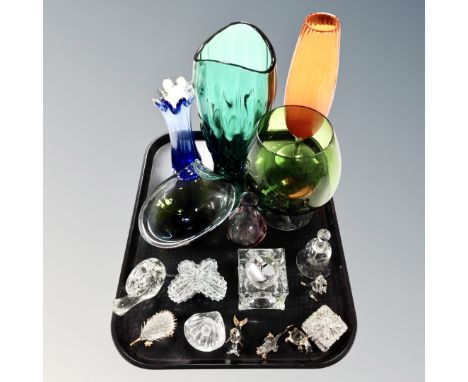 A tray of 1970's and later glass ware, coloured vases, table lighter, hand bell, trinket dishes etc 