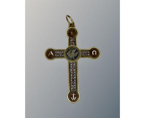 An 18ct yellow gold micromosaic alpha omega crucifix pendant, length 39 mm. CONDITION REPORT: The bale indistinctly marked '1