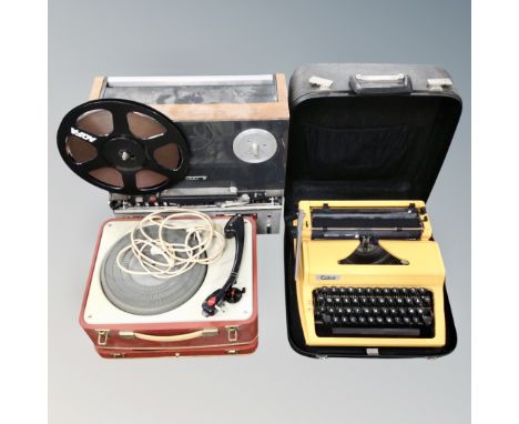 A vintage SAT portable record player (continental wiring), together with a further Agfa reel to reel and Erika typewriter in 
