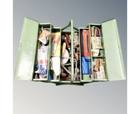 A metal concertina tool box containing hand tools 