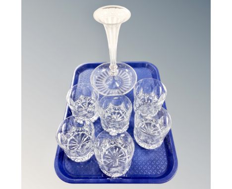 A vintage etched glass epergne together with a set of six good quality crystal whisky glasses 