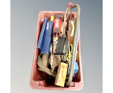 A large plastic crate of vintage and later tools, pullies, hand saws, draughstman's ruler, etc 