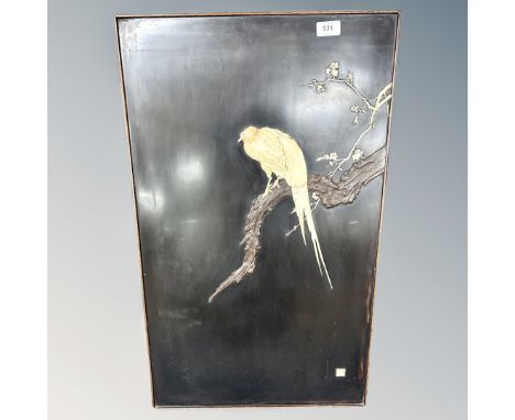 A Japanese Shibayama lacquer relief panel depicting a bird on a branch 46 cm x 76 cm