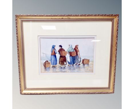 J A Wilkinson (Contemporary) Four female figures waiting at a coastline, watercolour, dated 1987, framed.
