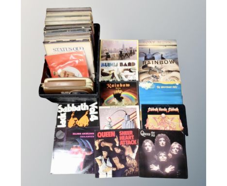 A crate of vinyl records to include Queen, Rainbow, Roxy Music, Black Sabbath, Boom Town Rats, Status Quo, Blondie, The Beach