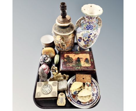 A tray of Oriental wares, Japanese vase converted to a lamp, brass table box, flask, ginger jars, lacquered box etc 