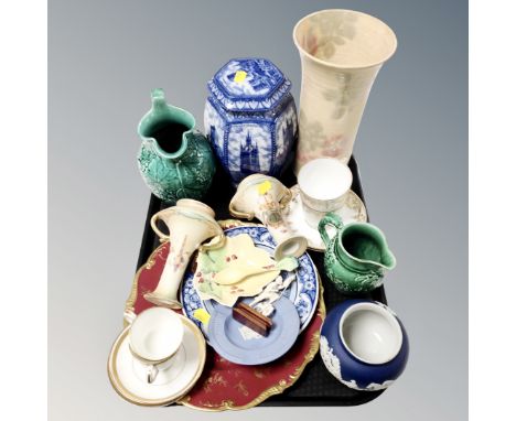A tray of antique and later ceramics, Wedgwood Jasperware, Ringtons caddy, gilded coffee ware, two graduated Wedgwood jugs et