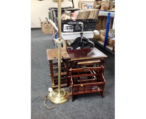 A brass column standard lamp and shade, mobility walking aid, wine rack, nest of tables and a magazine rack 