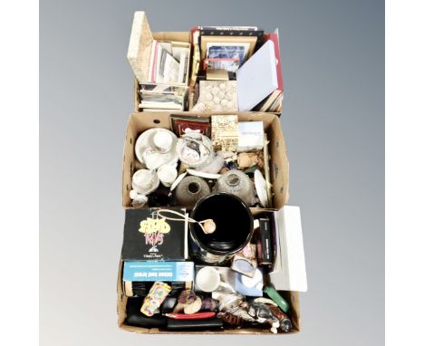 Three boxes of Royalty ephemera, collector's plates, postcards, vintage light shades, speed freaks car ornaments, etc 