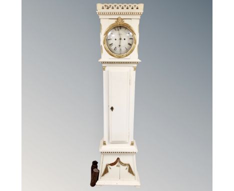 A Scandinavian painted longcase clock with pendulum and weights 