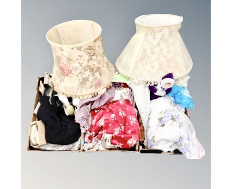 Three boxes of quilt, lady's dress shoes, vintage dress, material, two lamp shades 