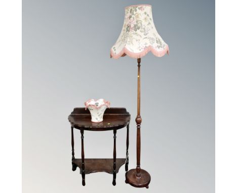 An Edwardian oak demi lune two-tier hall table together with beechwood standard lamp, further lamp shade 