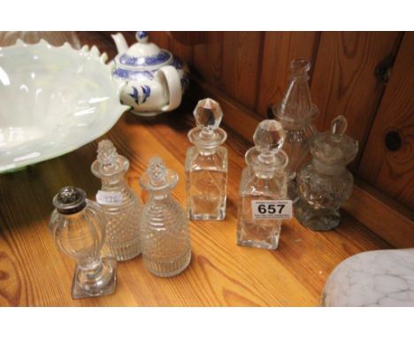 19th century Glass including Cut Glass Sander with Scew Fit Top, Pair of Diamond Cut Cruet Bottles and Stoppers, Pair of Smal