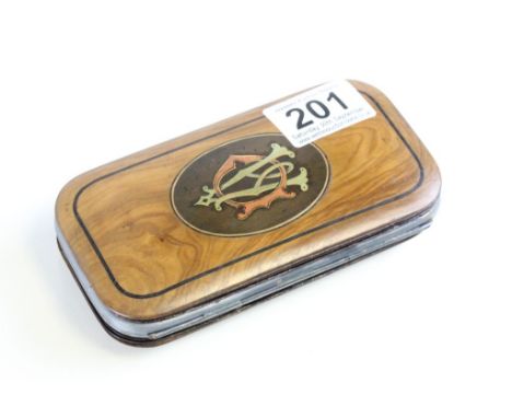 A 19th century continental silver mounted and treen cigar case painted with a hunting scene to top.and monogram.