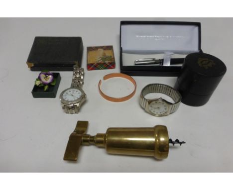 Boxed of mixed collectibles including vintage playing cards, cork screw, medicine glass, watches etc  