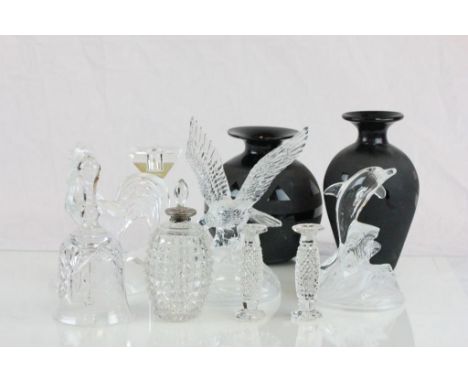 Selection of crystal and glassware including two Sia vases, Oleg Cassini candle stick, Thomas Webb Christmas 1978 bell, silve