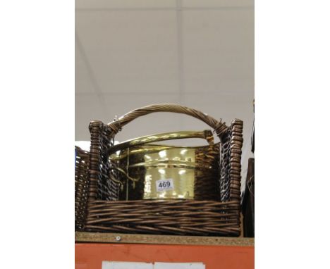 Vintage wicker log basket and brass coal bucket