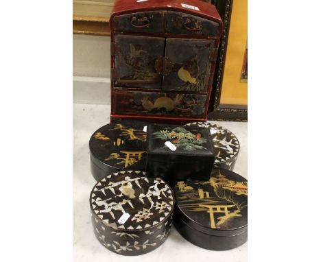 Japanese Red Lacquered Jewellery Cabinet together with Pair of Circular Black Lacquered Boxes with Gilded Decoration and a Pa