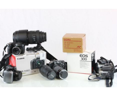 Box of Mixed Cameras, Accessories and Tripods together with a Box of Camera Cases