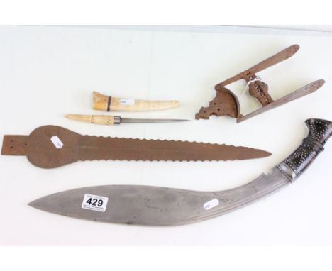 A vintage Persian Qatar dagger, a large kukri and a bone handled dagger with sheath