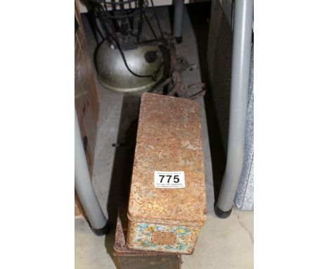 Two Tins of Vintage Metal Bicycle Parts together with a Tilley Style Lamp and a Chain