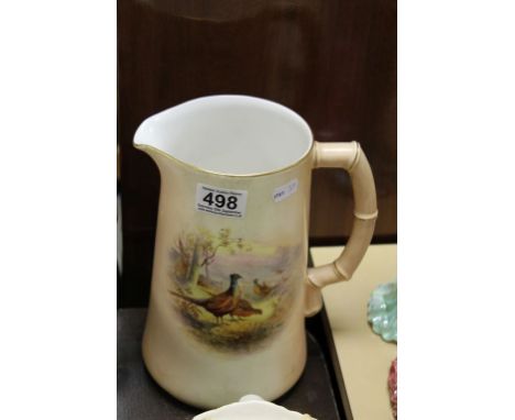 A large Royal Worcester hand-painted blush ivory jug with Pheasant motif to front, date code for 1907, 25cm height