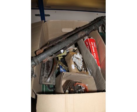 Quantity of mixed item to include letter box, fireside items, gate hinges, and various DIY equipment 