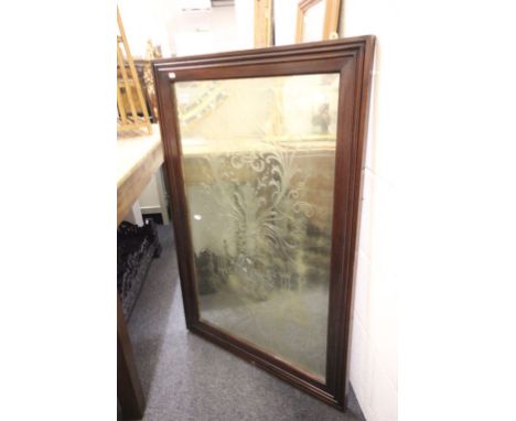 Large 19th century bevelled glass mirror from fairground or pub with reverse engraved decoration and later wooden frame for w