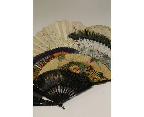 A cased antique Mother of pearl and lace fan together with seven others some boxed.