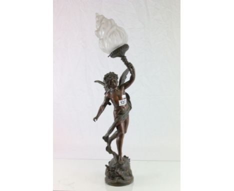 Spelter Lamp of Eros with Glass Flame Shade, signed Auguste Moreau