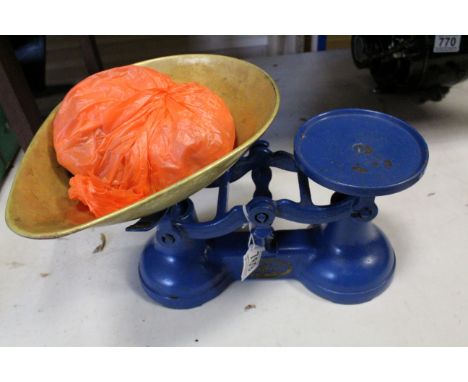Vintage Viking Blue Iron Scales with Brass Pan and Brass Weights on Iron Stand