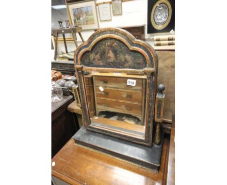 Swing Mirror, black and gilt heavily lacquered and painted with a whimsical scene of maidens 