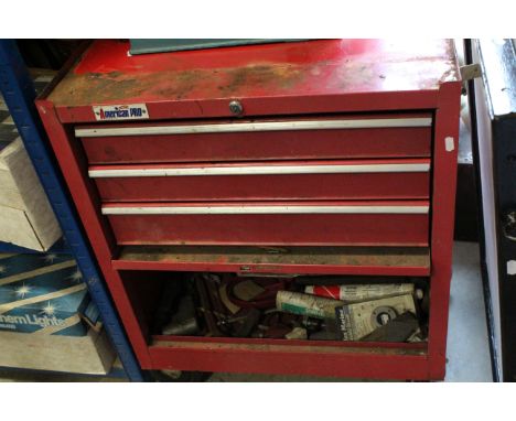 Red Metal ' American Pro ' Tool Cabinet on Wheels, the drawers filled with workshop tools