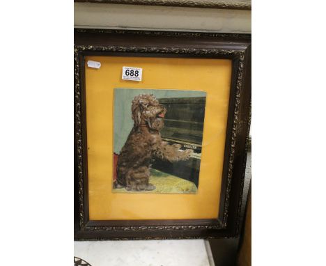 Framed and glazed watercolour of a dog playing a piano