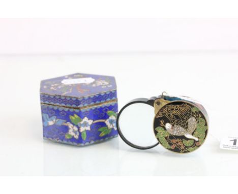 Cloisonne trinket box plus cloisonne enamel magnifying glass loupe pendent