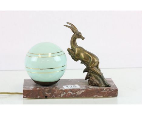 Art Deco Table Lamp with Green Glass Globe Shade and Brass Leaping Antelope on Marble Base