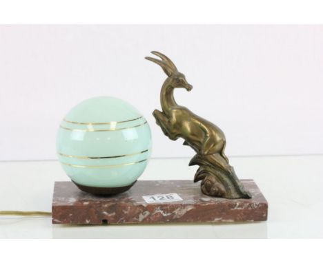 Art Deco Table Lamp with Green Glass Globe Shade and Brass Leaping Antelope on Marble Base