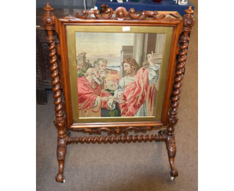 Victorian walnut large fire screen, central grospoint wool embroidered panel depicting a Biblical scene, twisted uprights and