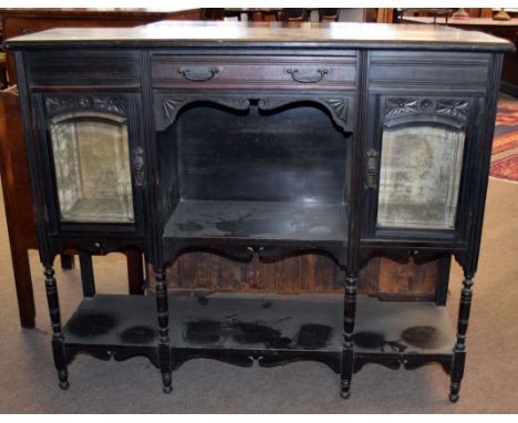 Late Victorian stained wood side cabinet (no back), having a glass panelled door either side of a central top drawer and open