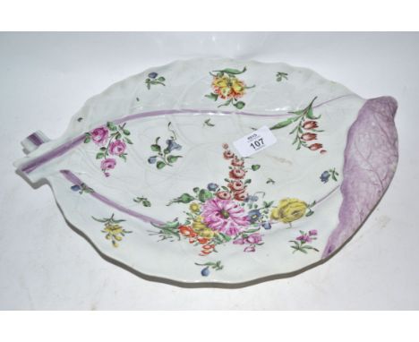 18th century Worcester cabbage leaf moulded dish decorated in Chelsea style with floral sprays, 33cm long (a/f)