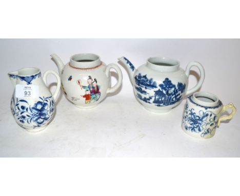 Group of 18th century Worcester porcelain including a tea pot with the man in pavilion pattern, further tea pot with Chinese 